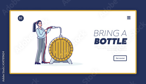 Wine Production Concept. Website Landing Page. Cheerful Woman Technologist Controls Process Of Fermenting Must Of Wine In Wooden Barrel. Web Page Cartoon Linear Outline Flat Style Vector Illustration
