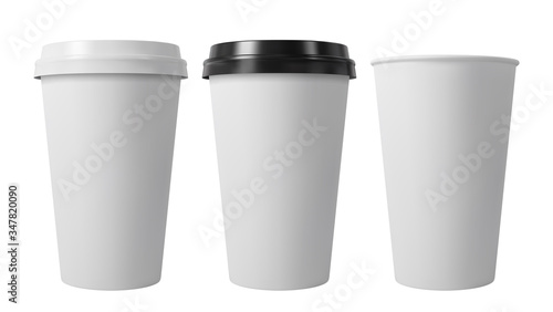 Paper coffee cups with black and white lids. Open and closed paper cup. Realistic vector mockup.