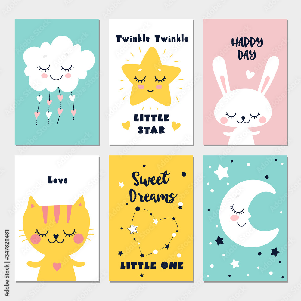 Little cat, rabbit, cloud, moon and star, cute characters set, posters for baby room, greeting cards, kids and baby t-shirts and wear