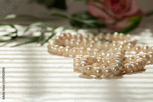 Still life of natural pearls with flowers.