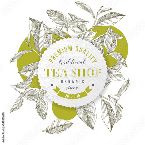 Tea shop emblem with hand drawn tea leaves