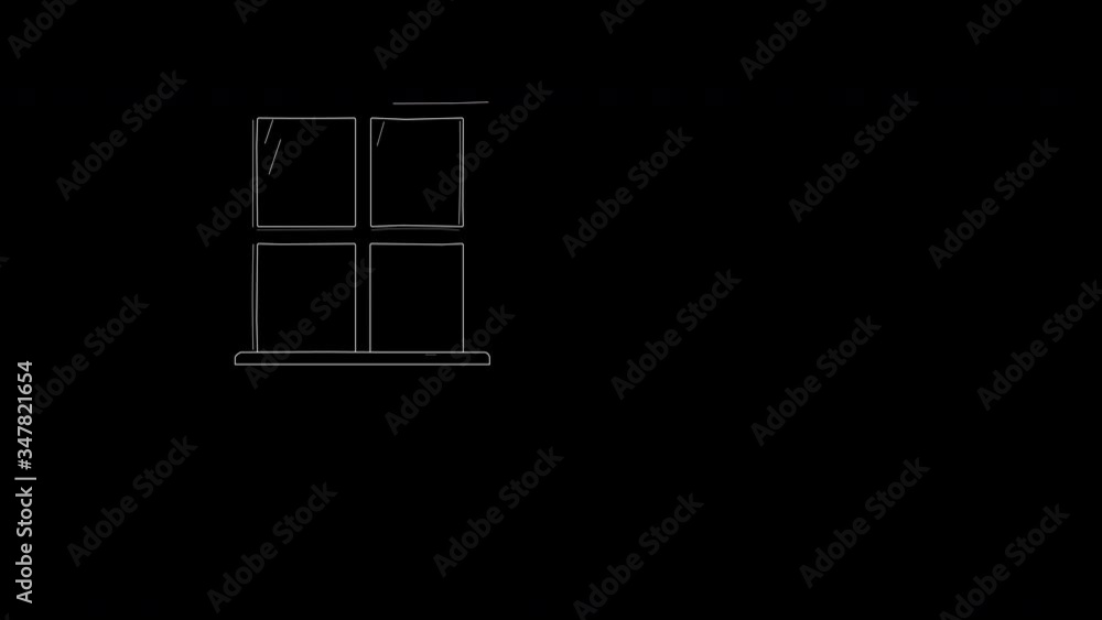 Self drawing animation of cat looking in the window, rainy weather. Copy space. Black background. Night. Night scene. Self drawing animation of cat looking in the window, rainy weather. Copy space. Black background. Night. Night scene.