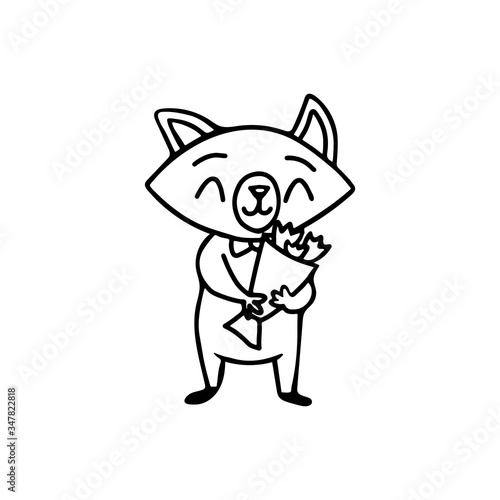 Character fox boy with bow tie happy holds bouquet with tulips. Cartoon animals for a birthday, International Women's Day, Valentine's Day or other holiday decorations. Doodle black and white line art © Viktoriia