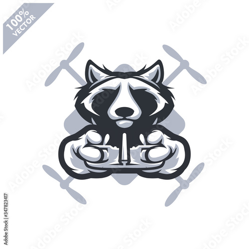 Raccoon holding Drone controller. Mascot logo for drone racing team, drone club or store.Design element for company logo, label, apparel or other merchandise.Scalable and editable vector illustration.