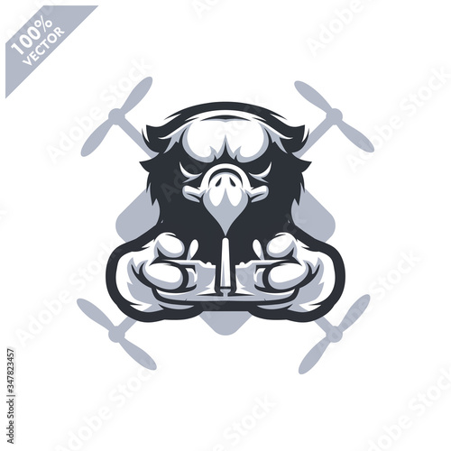 Eagle holding Drone controller. Mascot logo for drone racing team, drone club or store. Design element for company logo, label, apparel or other merchandise. Scalable and editable vector illustration.