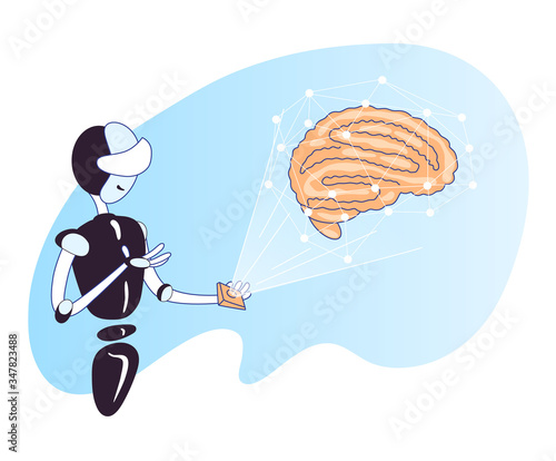 Vector concept about innovative technology in human brain health check up. Artificial Intelligence android robot doing medical research of brain cerebral health.