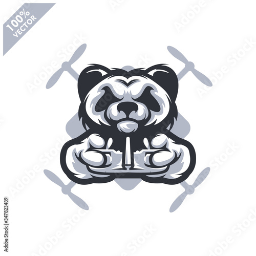 Panda holding Drone controller. Mascot logo for drone racing team, drone club or store. Design element for company logo, label, apparel or other merchandise. Scalable and editable vector illustration.