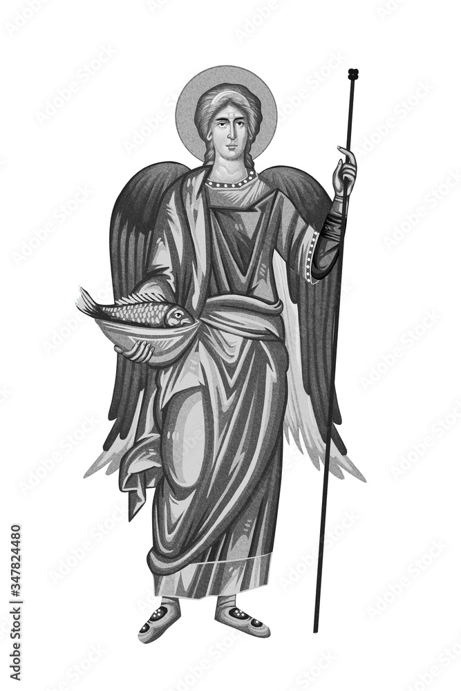 Obraz premium Raphael archangel. God who heals. Healing of Tobit with the fish's gall. Illustration in Byzantine style black and white