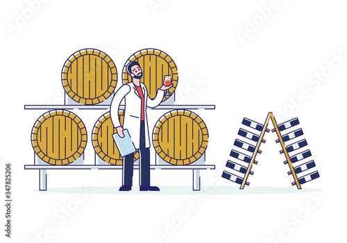 Wine Production Concept. Smiling Man Technologist Works On Wine Plant. Character Is Tasting Wine In Cellar With Wooden Barrels, Glass Bottles. Cartoon Linear Outline Flat Style Vector Illustration