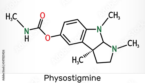 Physostigmine, eserine, C15H21N3O2 molecule. It is cholinesterase inhibitor, toxic parasympathomimetic indole alkaloid. Skeletal chemical formula photo