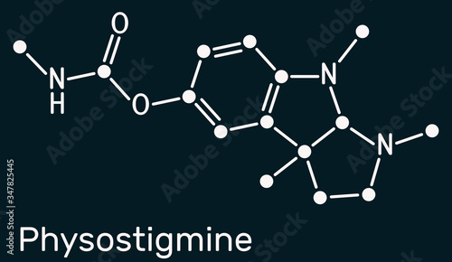 Physostigmine, eserine, C15H21N3O2 molecule. It is cholinesterase inhibitor, toxic parasympathomimetic indole alkaloid. Skeletal chemical formula on the dark blue background photo