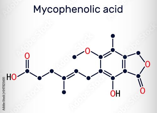 Mycophenolic acid, MPA, mycophenolate, C17H20O6 molecule. It is an immunosuppresant drug and potent anti-proliferative. Skeletal chemical formula