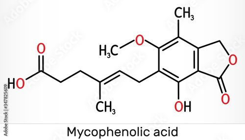 Mycophenolic acid, MPA, mycophenolate, C17H20O6 molecule. It is an immunosuppresant drug and potent anti-proliferative. Skeletal chemical formula photo