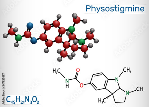 Physostigmine, eserine, C15H21N3O2 molecule. It is cholinesterase inhibitor, toxic parasympathomimetic indole alkaloid. Structural chemical formula and molecule model