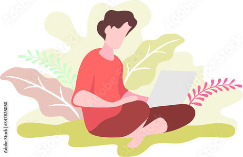 Freelance man work in comfortable conditions set vector flat illustration.
 Freelancer character working from home or beach at relaxed pace, 
convenient workplace. Man and woman self employed concept
