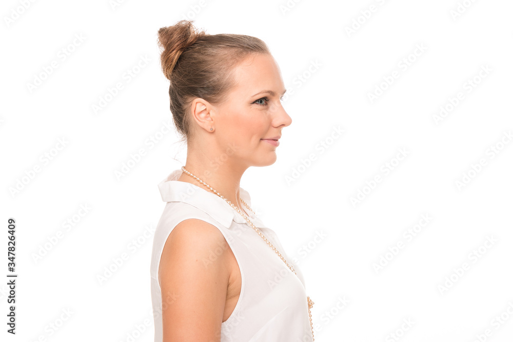 Portrait on a white background young woman who wearing white blouse, she has a natural make-up and a nice hairstyle. Portrait on a white background young woman who wearing white blouse, she has a natural make-up and a nice hairstyle.