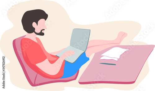 Freelance man work in comfortable conditions set vector flat illustration.
 Freelancer character working from home or beach at relaxed pace, 
convenient workplace. Man and woman self employed concept