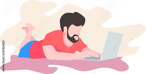 Freelance man work in comfortable conditions set vector flat illustration.
 Freelancer character working from home or beach at relaxed pace, 
convenient workplace. Man and woman self employed concept