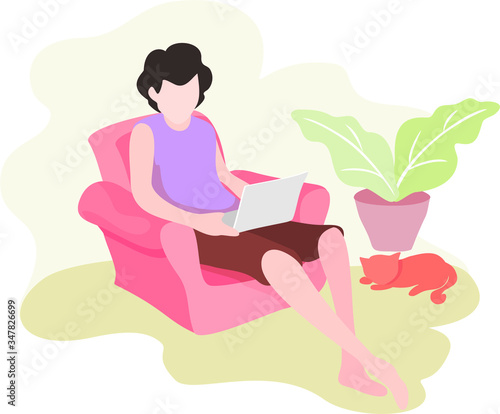 Freelance man work in comfortable conditions set vector flat illustration.
 Freelancer character working from home or beach at relaxed pace, 
convenient workplace. Man and woman self employed concept