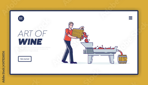 Concept Of Wine Production. Website Landing Page. Cheerful Character Empties Harvested Grapes From Wicker Basket To Crushing Machine. Web Page Cartoon Linear Outline Flat Style. Vector Illustration
