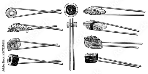 Vector chopsticks with sushi rolls, black line drawing. Asian kitchen elements isolated on white background.