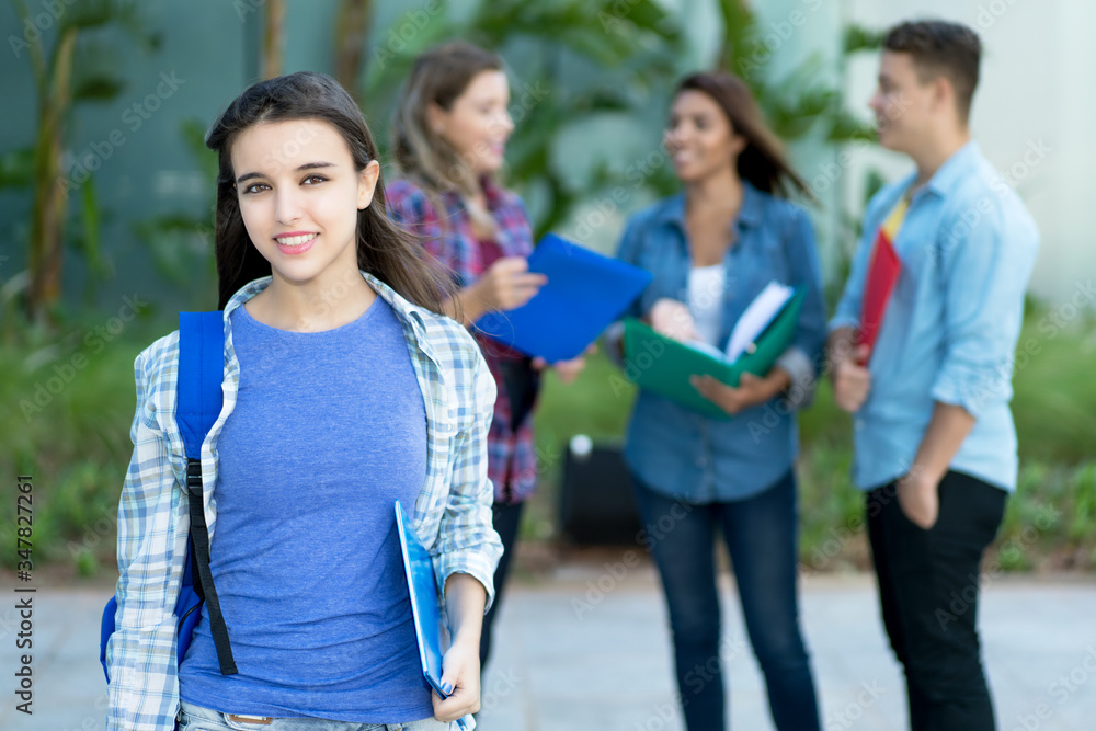 Obraz premium Junge Studentin mit Rucksack und anderen Studenten