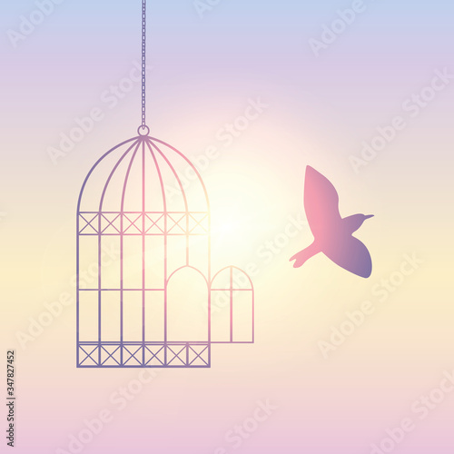 bird flies out of the cage into the sunny sky vector illustration EPS10