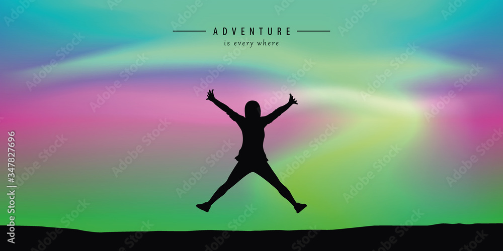 happy girl jumps on aurora borealis beautiful polar lights background vector illustration EPS10 happy girl jumps on aurora borealis beautiful polar lights background vector illustration EPS10