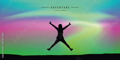 happy girl jumps on aurora borealis beautiful polar lights background vector illustration EPS10