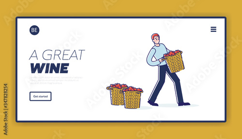 Concept Of Wine Production. Website Landing Page. Man Is Working On Grape Plantation, Harvesting Grapes Carrying It In Basket For Processing. Web Page Cartoon Linear Outline Flat Vector Illustration