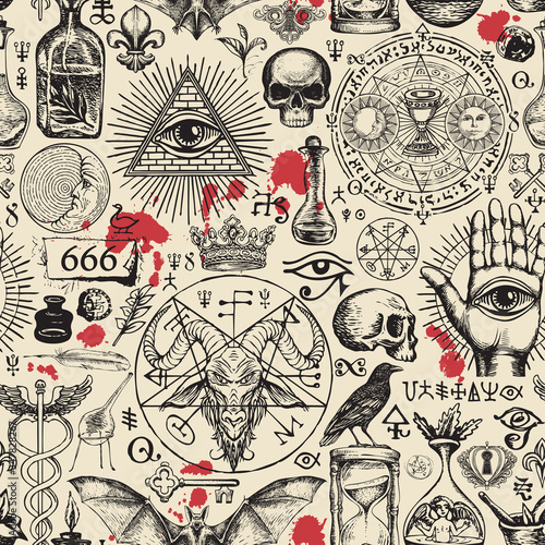 Vector seamless pattern on a theme of freemasonry, satanism and occultism in retro style. Abstract repeating illustration with hand-drawn sketches and blood drops on the old paper background photo