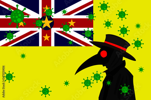 Black plague doctor surrounded by viruses with copy space with NIUE flag.