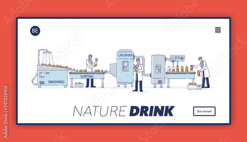 Website Landing Page. Characters Work At Juices Production Factory. People Sort, Wash, Crush Fruits With Equipment And Filling Fresh Juice. Web Page Cartoon Linear Outline Flat Vector Illustration
