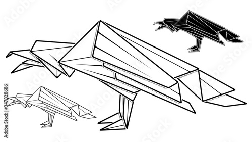 Vector monochrome image of paper raven origami (contour drawing by line).