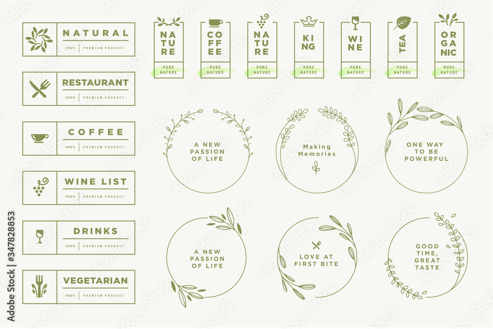 Set of labels and badges for food and drink. Vector illustrations for graphic and web design, marketing material, restaurant menu, natural products presentation, packaging design.