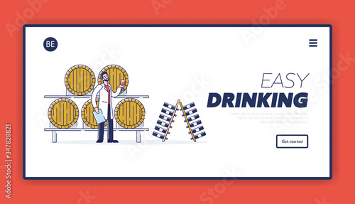 Wine Production Concept. Website Landing Page. Character Is Working On Wine Plant, Tasting Wine In Cellar With Wooden Barrels, Glass Bottles. Web Page Cartoon Linear Outline Flat Vector Illustration