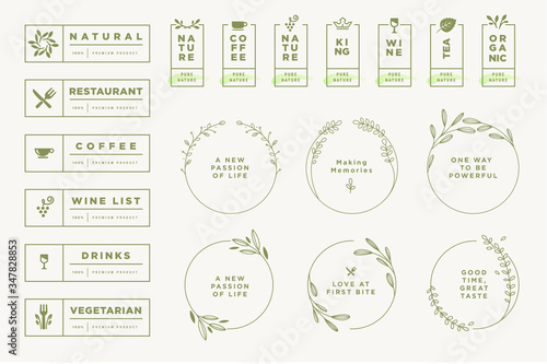 Set of labels and badges for food and drink. Vector illustrations for graphic and web design, marketing material, restaurant menu, natural products presentation, packaging design.