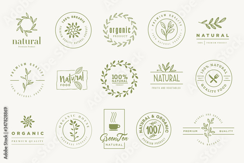 Set of signs for organic and natural products. Vector illustrations for graphic and web design, marketing material, restaurant menu, food and drink,  packaging design.
