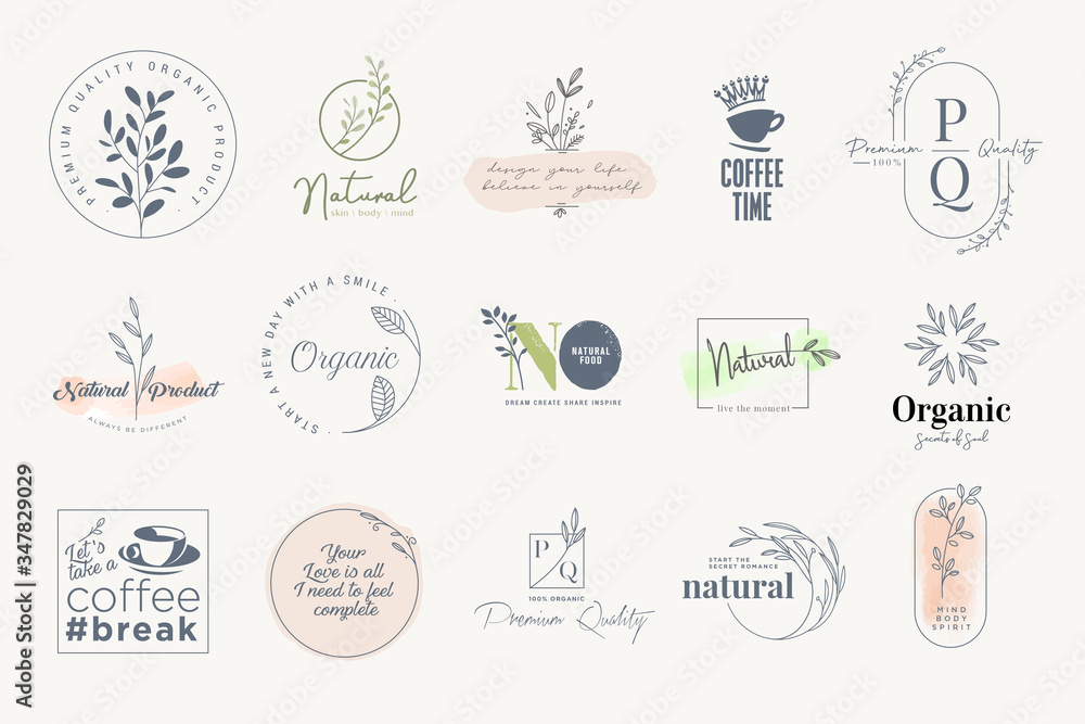 Set of stickers and badges for organic and natural products. Vector illustrations for graphic and web design, marketing material, restaurant menu, food and drink,  packaging design.