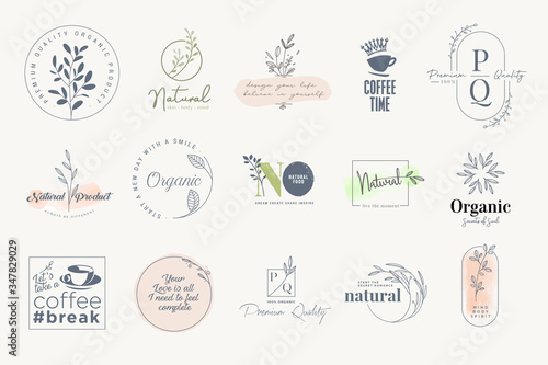 Set of stickers and badges for organic and natural products. Vector illustrations for graphic and web design, marketing material, restaurant menu, food and drink, packaging design.