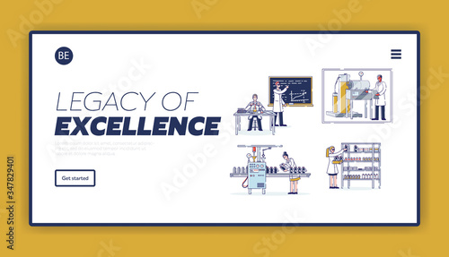 Concept Of Medicine Production. Website Landing Page. Scientists Make Researches In Lab, Produce Medicine With Professional Equipment. Web Page Cartoon Linear Outline Flat Style. Vector Illustration