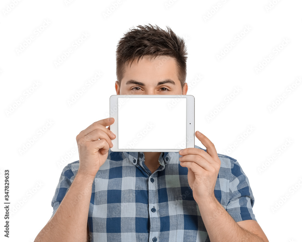 Young man with tablet computer on white background Young man with tablet computer on white background