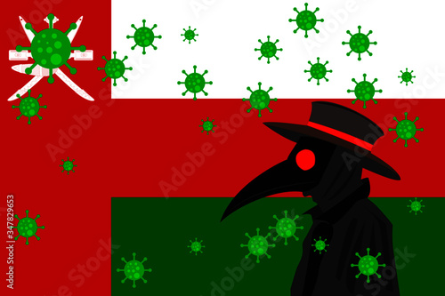 Black plague doctor surrounded by viruses with copy space with OMAN flag.