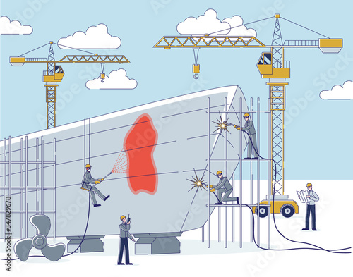 Concept Of Shipyard. People Do Shipbuilding. Team Of Workers Repair Big Ship Use Professional Equipment And Technologies. Engineer Controls Process. Cartoon Linear Outline Flat Vector Illustration