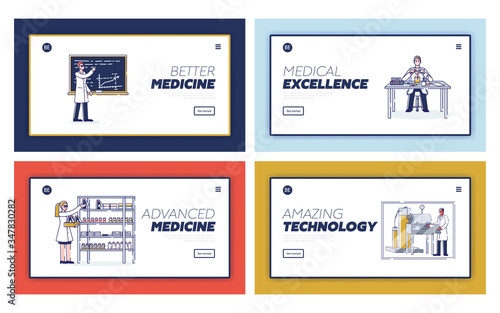 Concept Of Medicine Production. Website Landing Page. Scientists Make Researches In Lab, Create New Medicine, Produce And Sale Products. Web Page Cartoon Linear Outline Flat Vector Illustrations Set