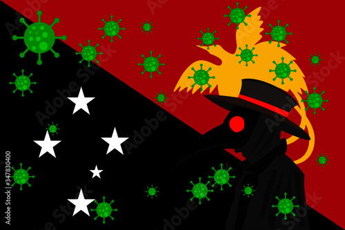 Black plague doctor surrounded by viruses with copy space with PAPUA NEW GUINEA flag.