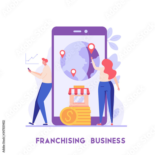 Man and woman standing and buying a franchise in common. Buying a finished business. Concept of business industry, franchising, bizopp, distribution. Vector illustration in flat design.