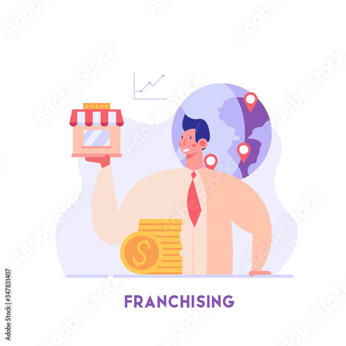 Businessman standing and buying a franchise. Buying a finished business. Concept of business industry, franchising, bizopp, distribution. Vector illustration in flat design.