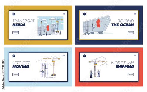 Concept Of Shipyard. Website Landing Page. Workers Repair Big Vessel. Low Poly Ship Construction in Dry Dock. Engineer Controls Process. Web Page Cartoon Linear Outline Flat Vector Illustrations Set