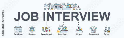 Job interview banner web icon for ิbusiness working and company, applicant, resume, recruitment, hiring, agreement, career and organization. Minimal vector infographic.